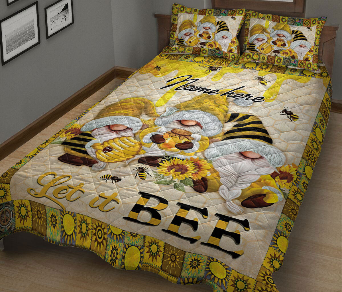 Ohaprints-Quilt-Bed-Set-Pillowcase-Bumble-Honey-Bee-Let-It-Bee-Gnome-Yellow-Sunflower-Custom-Personalized-Name-Blanket-Bedspread-Bedding-2480-King (90'' x 100'')