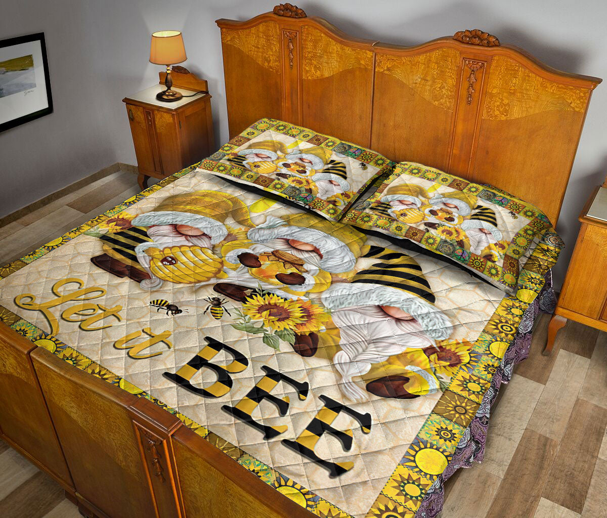 Ohaprints-Quilt-Bed-Set-Pillowcase-Bumble-Honey-Bee-Let-It-Bee-Gnome-Yellow-Sunflower-Honeycomb-Pattern-Blanket-Bedspread-Bedding-1813-Queen (80'' x 90'')