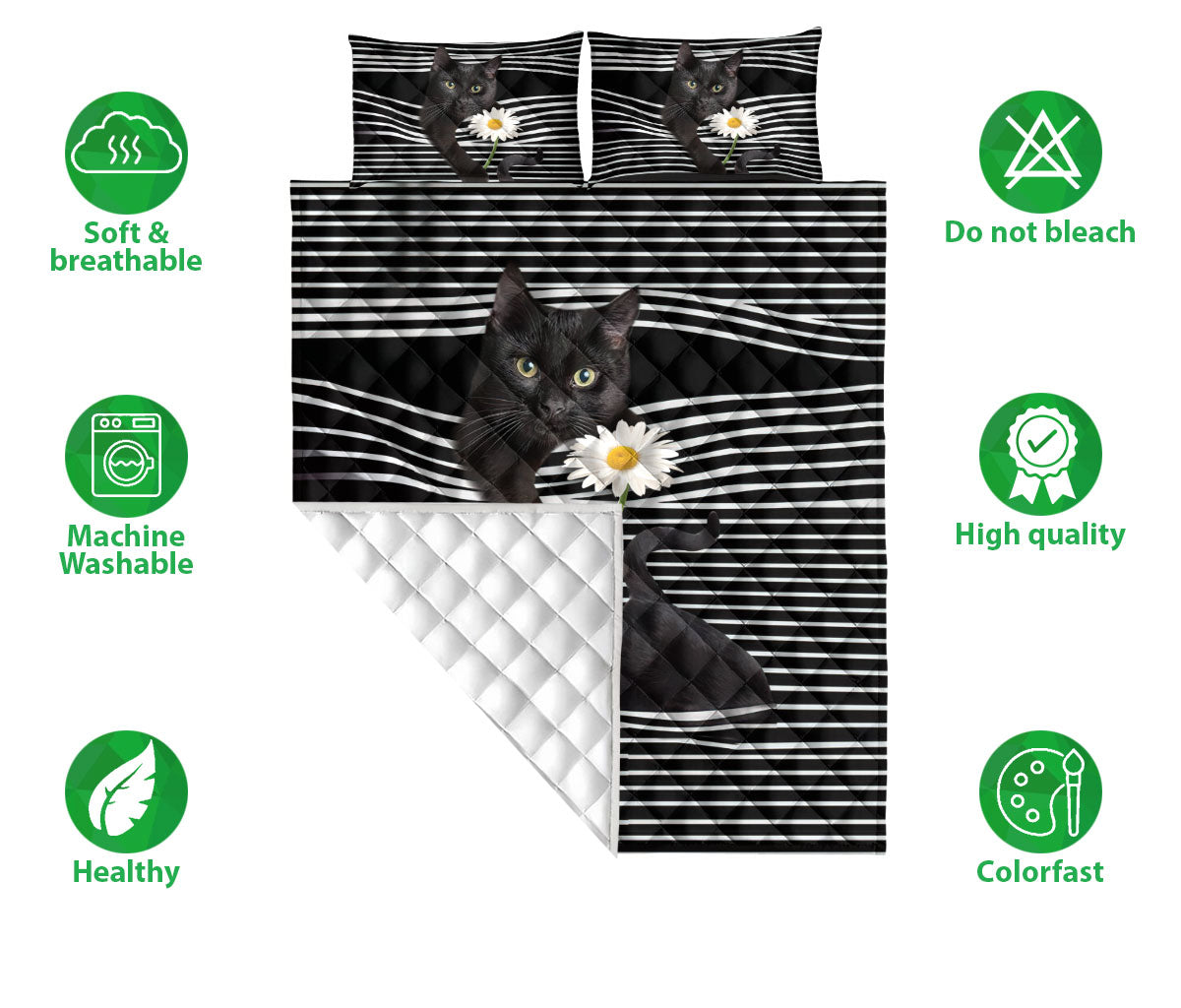 Ohaprints-Quilt-Bed-Set-Pillowcase-Black-Cat-White-Daisy-Striped-Pattern-Animal-Pet-Lover-Blanket-Bedspread-Bedding-2566-Double (70'' x 80'')