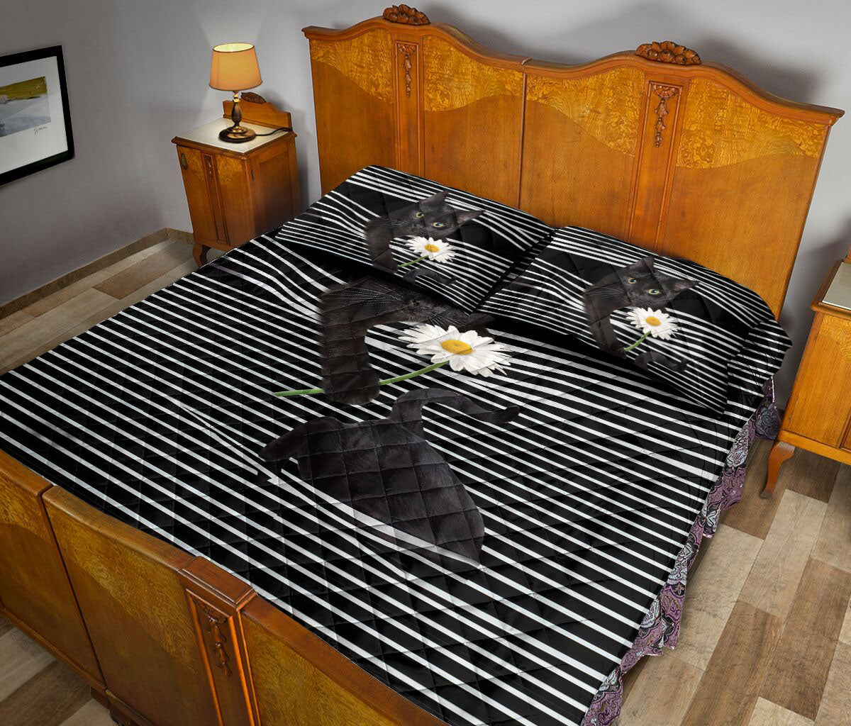 Ohaprints-Quilt-Bed-Set-Pillowcase-Black-Cat-White-Daisy-Striped-Pattern-Animal-Pet-Lover-Blanket-Bedspread-Bedding-2566-Queen (80'' x 90'')