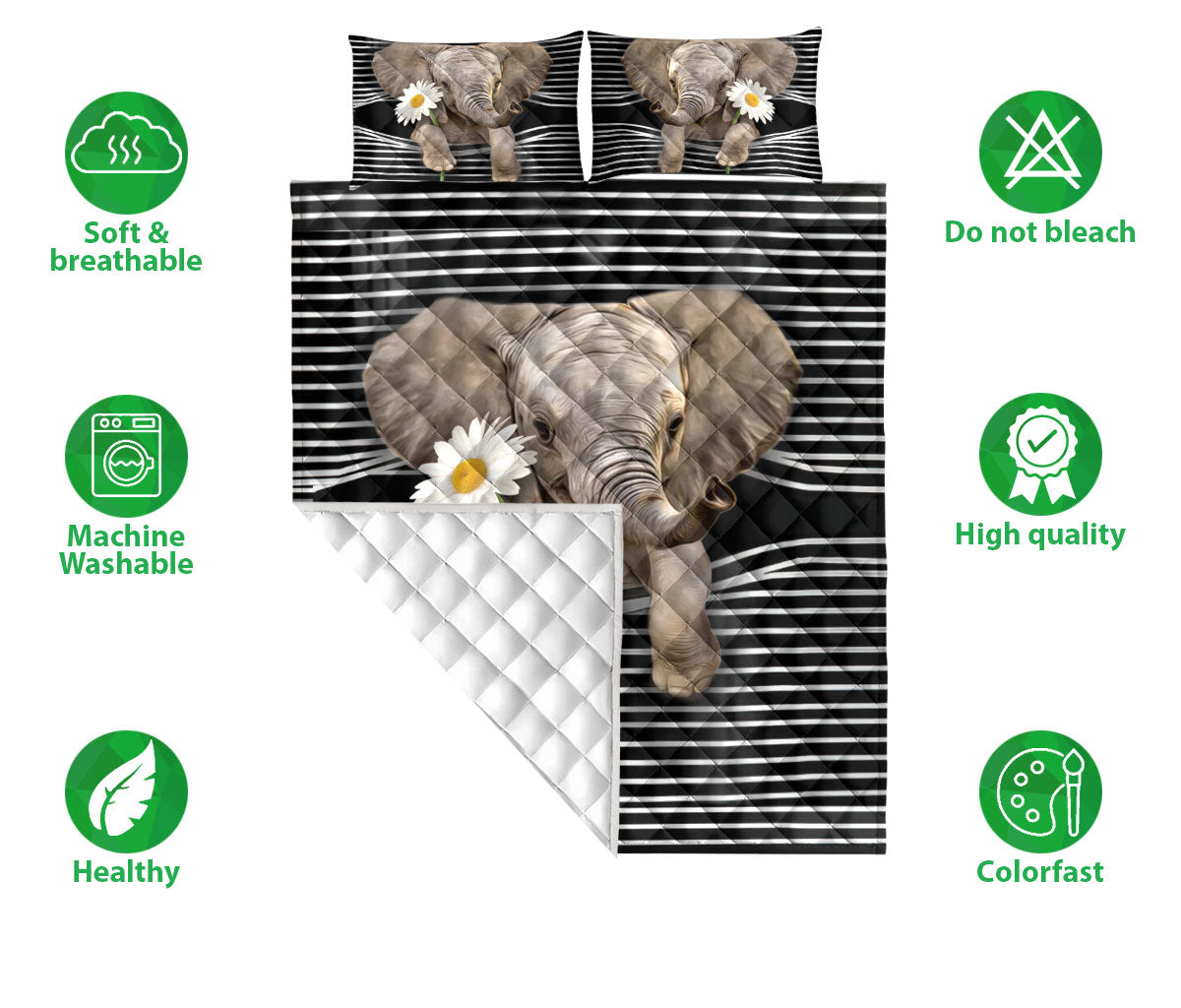Ohaprints-Quilt-Bed-Set-Pillowcase-Baby-Elephant-White-Daisy-Wild-Animal-Striped-Patten-Black-Blanket-Bedspread-Bedding-216-Double (70'' x 80'')
