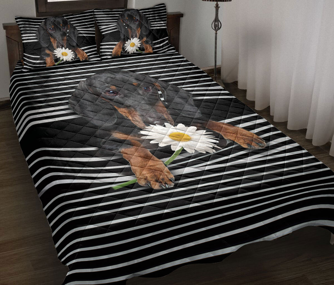 Ohaprints-Quilt-Bed-Set-Pillowcase-Black-Dachshund-White-Daisy-Striped-Pattern-Animal-Pet-Dog-Blanket-Bedspread-Bedding-807-Throw (55'' x 60'')