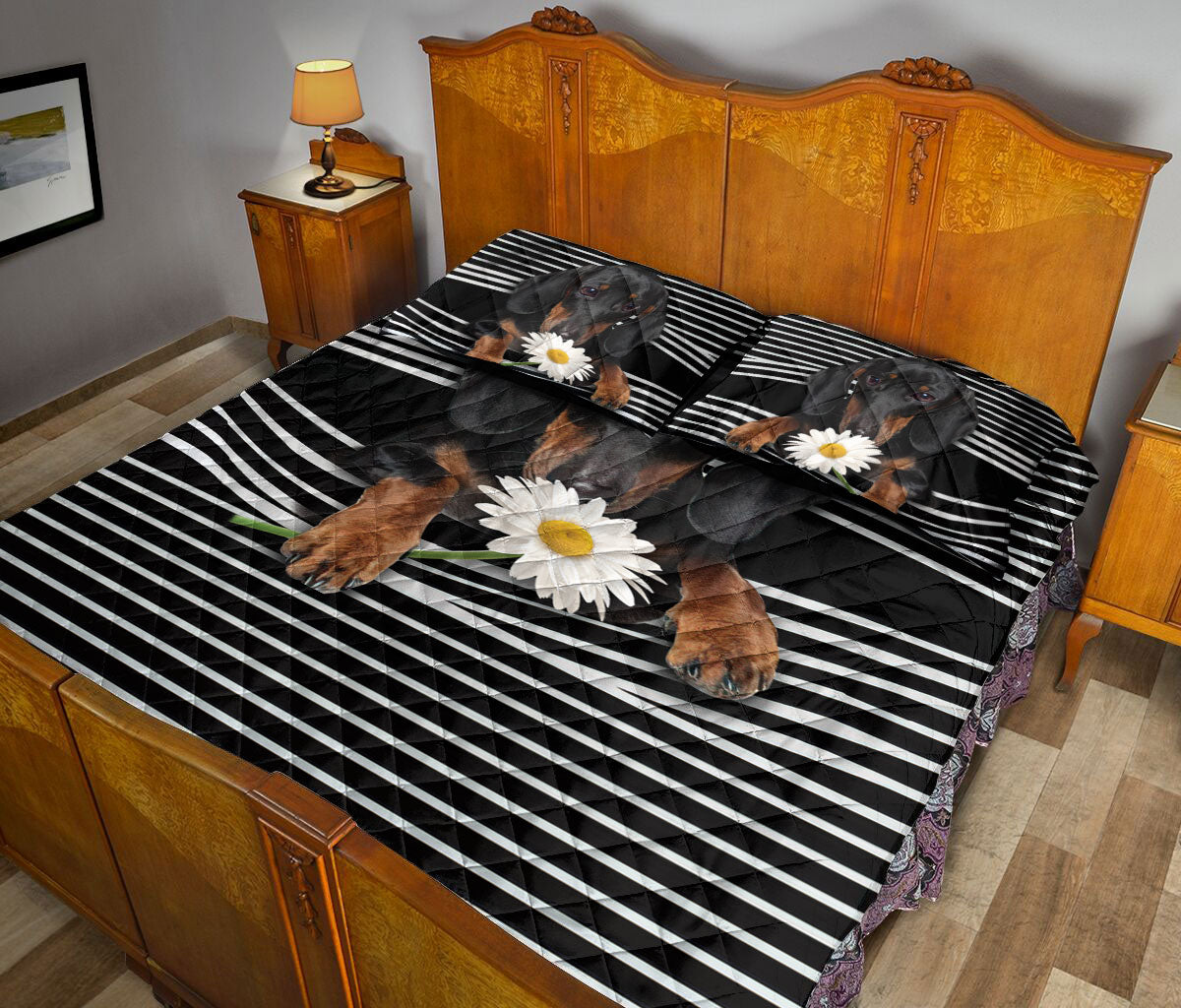 Ohaprints-Quilt-Bed-Set-Pillowcase-Black-Dachshund-White-Daisy-Striped-Pattern-Animal-Pet-Dog-Blanket-Bedspread-Bedding-807-Queen (80'' x 90'')