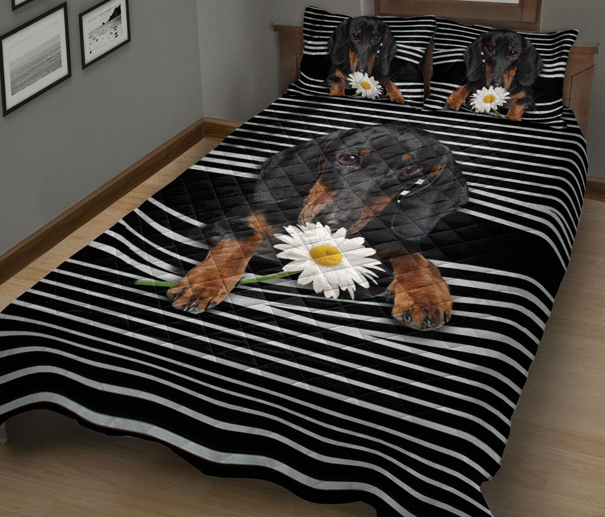 Ohaprints-Quilt-Bed-Set-Pillowcase-Black-Dachshund-White-Daisy-Striped-Pattern-Animal-Pet-Dog-Blanket-Bedspread-Bedding-807-King (90'' x 100'')