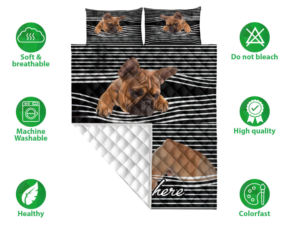 Ohaprints-Quilt-Bed-Set-Pillowcase-French-Bulldog-Striped-Pattern-Black-Animal-Pet-Dog-Custom-Personalized-Name-Blanket-Bedspread-Bedding-2491-Double (70'' x 80'')