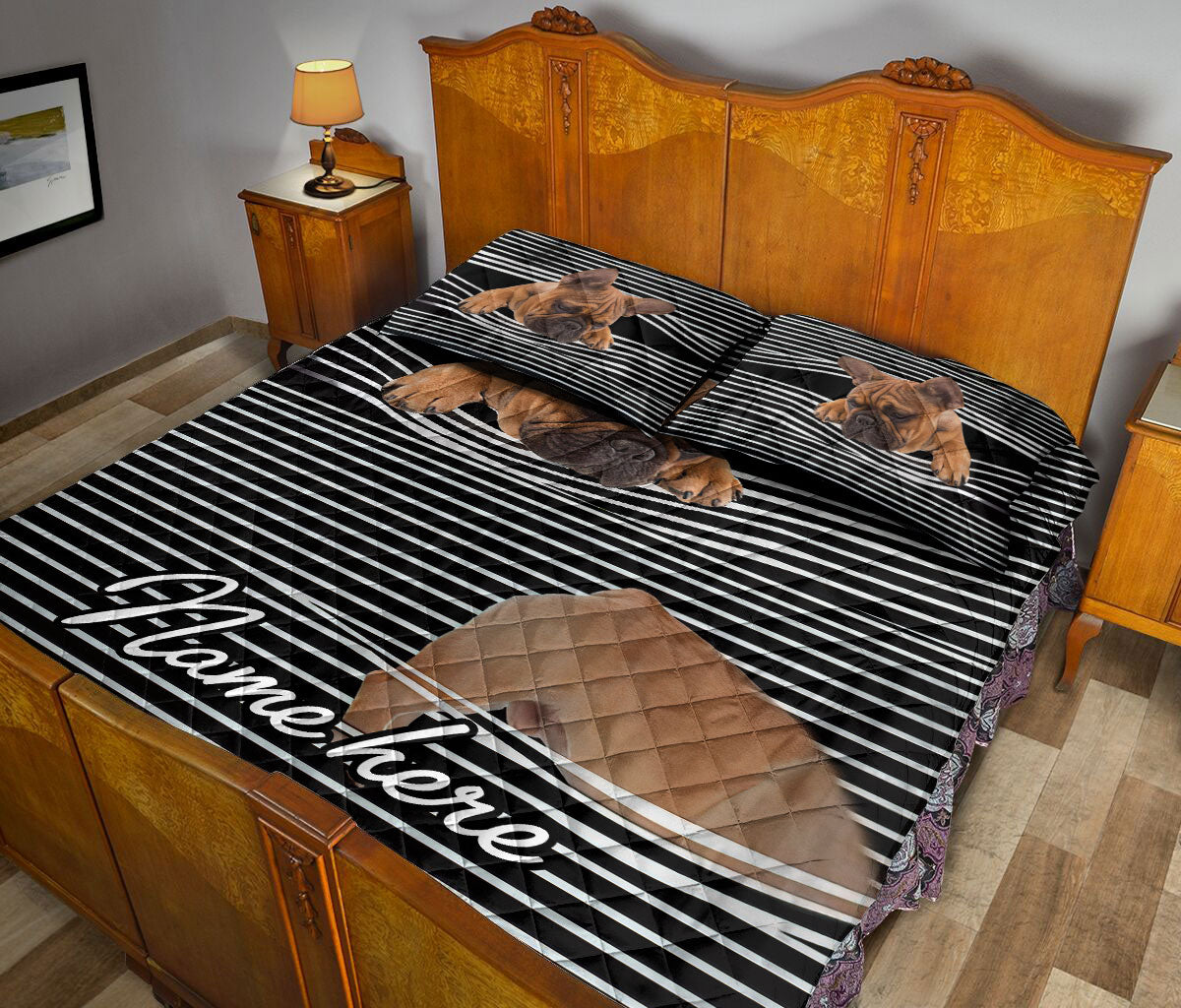 Ohaprints-Quilt-Bed-Set-Pillowcase-French-Bulldog-Striped-Pattern-Black-Animal-Pet-Dog-Custom-Personalized-Name-Blanket-Bedspread-Bedding-2491-Queen (80'' x 90'')