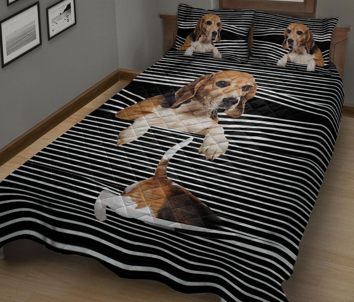 Ohaprints-Quilt-Bed-Set-Pillowcase-Beagle-Striped-Pattern-Black-Striped-Pattern-Animal-Pet-Dog-Blanket-Bedspread-Bedding-1087-King (90'' x 100'')