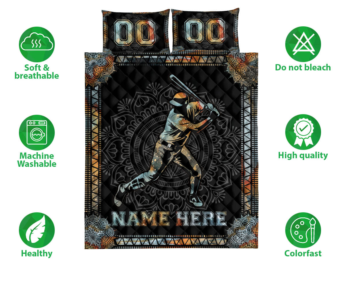 Ohaprints-Quilt-Bed-Set-Pillowcase-Mandala-Baseball-Batter-Boy-Player-Black-Custom-Personalized-Name-Number-Blanket-Bedspread-Bedding-3225-Double (70'' x 80'')