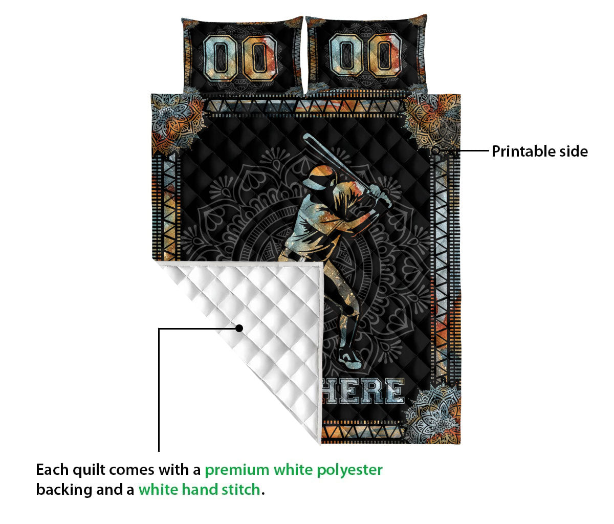 Ohaprints-Quilt-Bed-Set-Pillowcase-Mandala-Baseball-Batter-Boy-Player-Black-Custom-Personalized-Name-Number-Blanket-Bedspread-Bedding-3225-Queen (80'' x 90'')