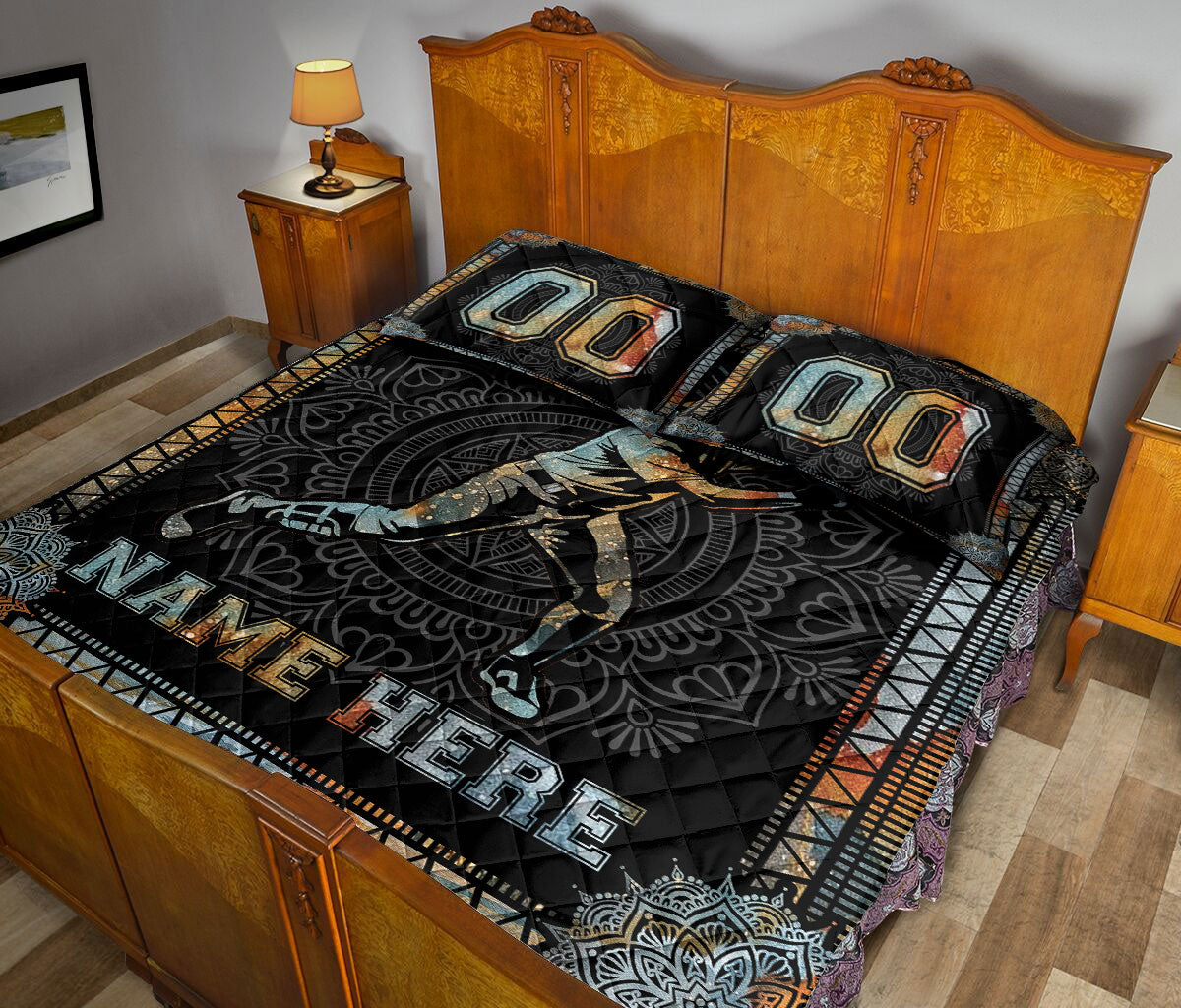 Ohaprints-Quilt-Bed-Set-Pillowcase-Mandala-Baseball-Batter-Boy-Player-Black-Custom-Personalized-Name-Number-Blanket-Bedspread-Bedding-3225-King (90'' x 100'')