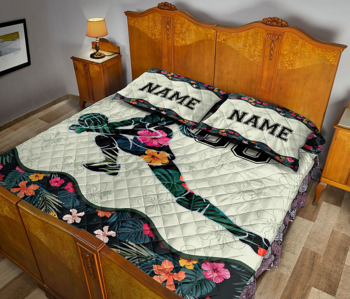 Ohaprints-Quilt-Bed-Set-Pillowcase-Flower-Floral-Volleyball-Girl-Fan-Custom-Personalized-Name-Number-Blanket-Bedspread-Bedding-3447-King (90'' x 100'')