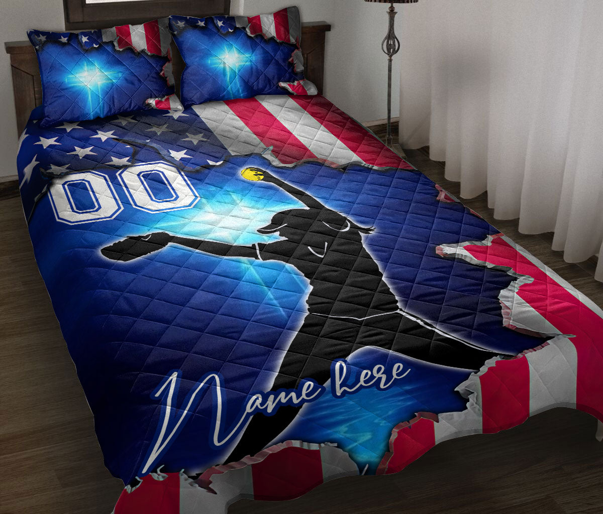 Ohaprints-Quilt-Bed-Set-Pillowcase-Pitcher-Softball-Girl-Christian-Us-Flag-Custom-Personalized-Name-Number-Blanket-Bedspread-Bedding-3116-Throw (55'' x 60'')