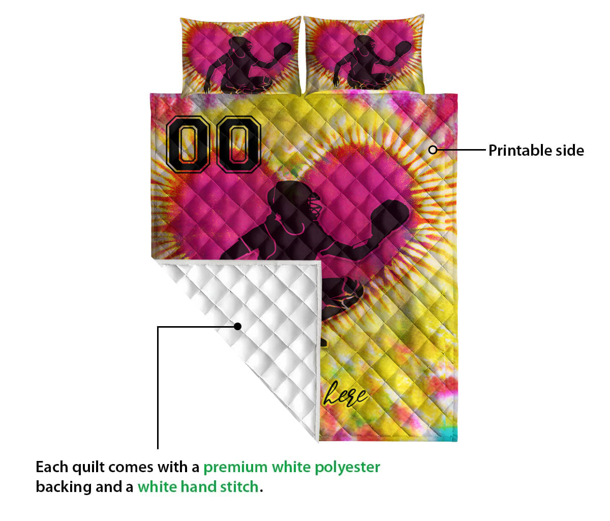 Ohaprints-Quilt-Bed-Set-Pillowcase-Catcher-Softball-Girl-Player-Tie-Dye-Heart-Custom-Personalized-Name-Number-Blanket-Bedspread-Bedding-3118-Queen (80'' x 90'')