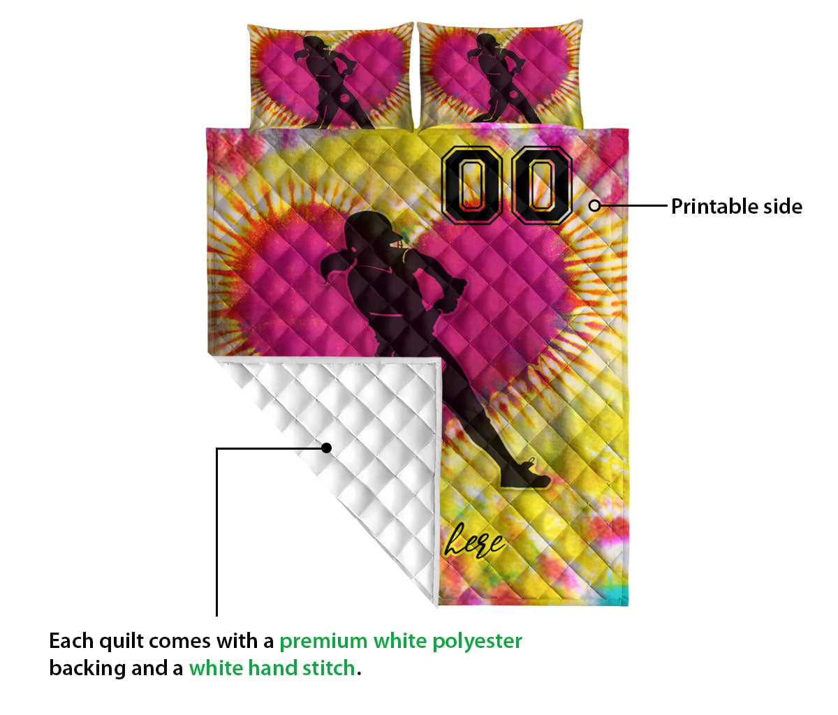 Ohaprints-Quilt-Bed-Set-Pillowcase-Batter-Softball-Girl-Player-Fan-Tie-Dye-Custom-Personalized-Name-Number-Blanket-Bedspread-Bedding-3119-Queen (80'' x 90'')