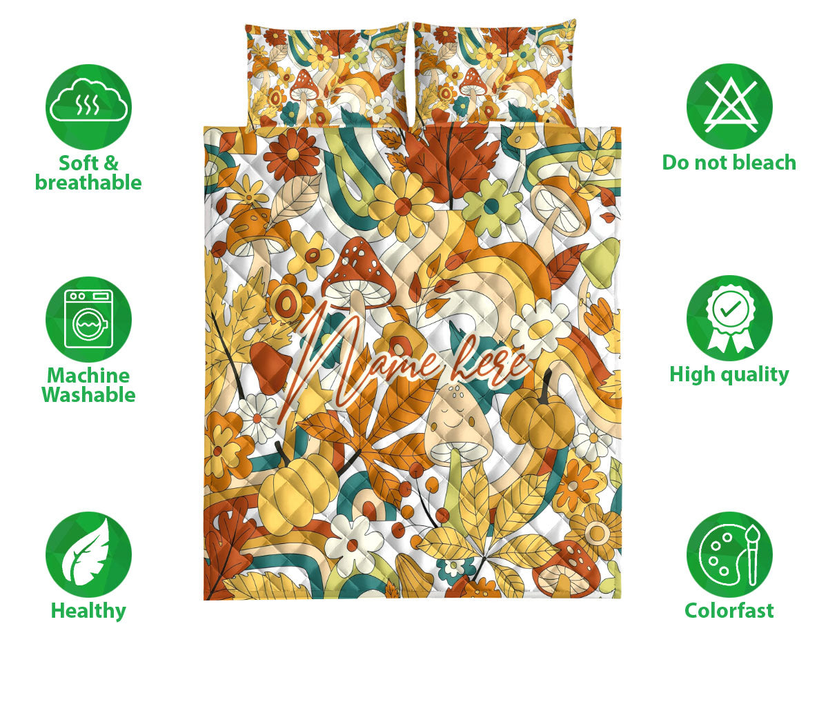 Ohaprints-Quilt-Bed-Set-Pillowcase-Hippie-Hippy-Fall-Autumn-Plant-Flower-Mushroom-Boho-Custom-Personalized-Name-Blanket-Bedspread-Bedding-3258-Double (70'' x 80'')