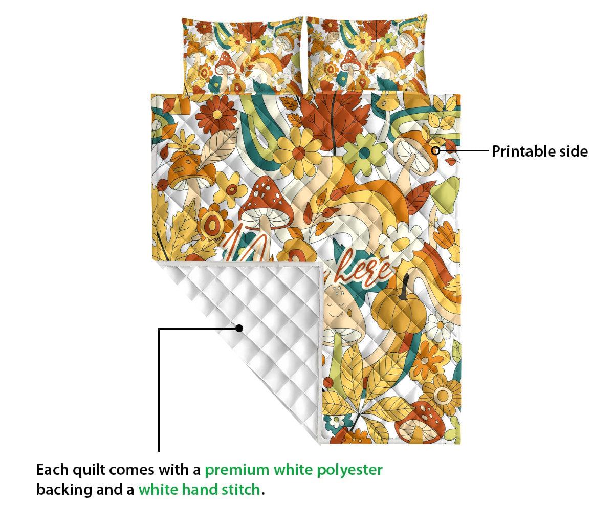 Ohaprints-Quilt-Bed-Set-Pillowcase-Hippie-Hippy-Fall-Autumn-Plant-Flower-Mushroom-Boho-Custom-Personalized-Name-Blanket-Bedspread-Bedding-3258-Queen (80'' x 90'')