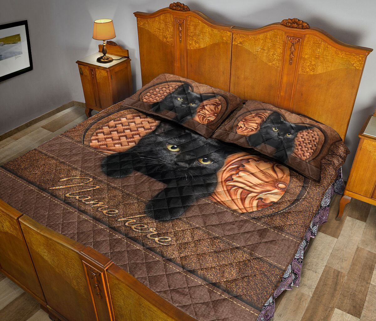 Ohaprints-Quilt-Bed-Set-Pillowcase-Black-Cat-Animal-Pet-Lover-Brown-Vintage-Cat-Mom-Dad-Custom-Personalized-Name-Blanket-Bedspread-Bedding-2568-Queen (80'' x 90'')