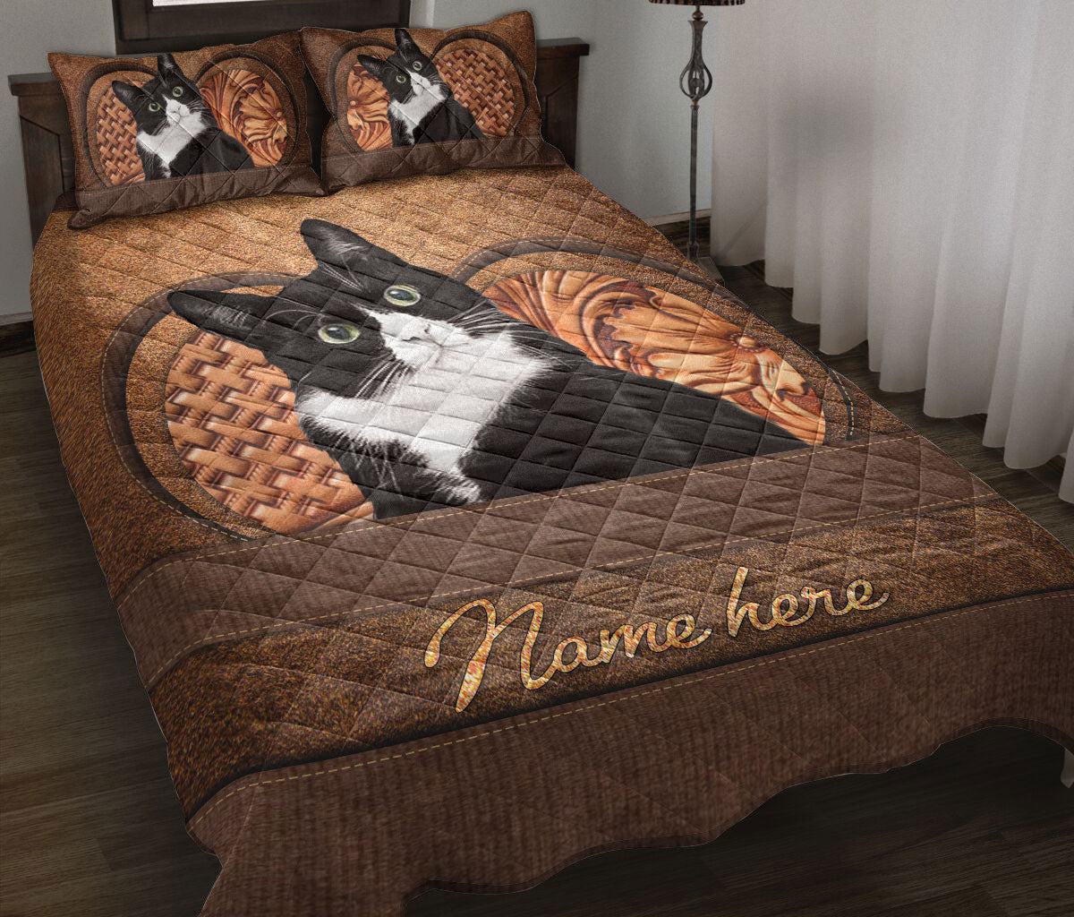 Ohaprints-Quilt-Bed-Set-Pillowcase-Tuxedo-Cat-Bicolor-Cat-Animal-Pet-Lover-Vintage-Brown-Custom-Personalized-Name-Blanket-Bedspread-Bedding-218-Throw (55'' x 60'')