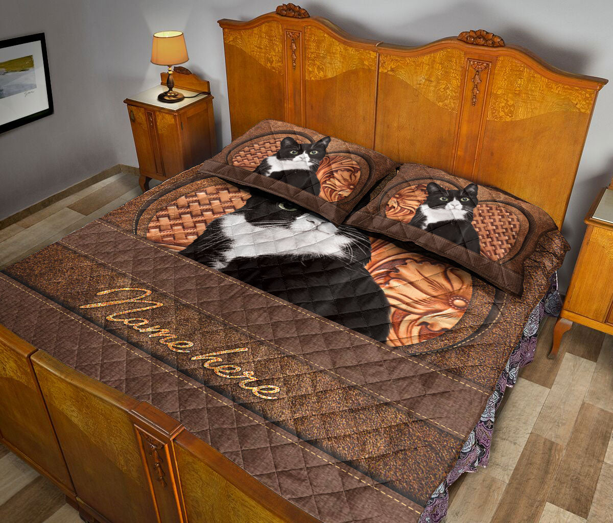 Ohaprints-Quilt-Bed-Set-Pillowcase-Tuxedo-Cat-Bicolor-Cat-Animal-Pet-Lover-Vintage-Brown-Custom-Personalized-Name-Blanket-Bedspread-Bedding-218-Queen (80'' x 90'')
