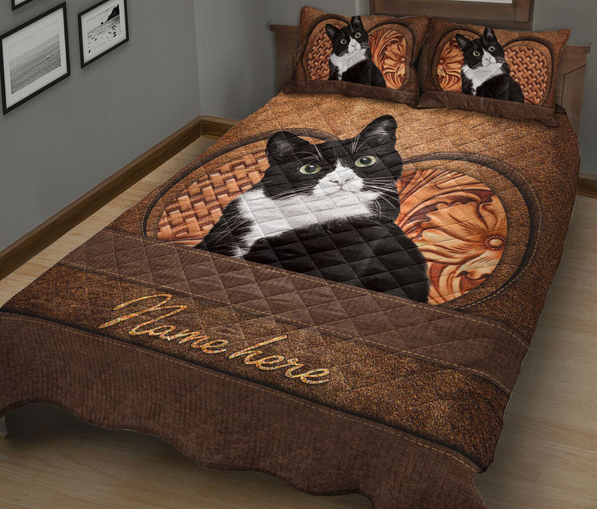 Ohaprints-Quilt-Bed-Set-Pillowcase-Tuxedo-Cat-Bicolor-Cat-Animal-Pet-Lover-Vintage-Brown-Custom-Personalized-Name-Blanket-Bedspread-Bedding-218-King (90'' x 100'')
