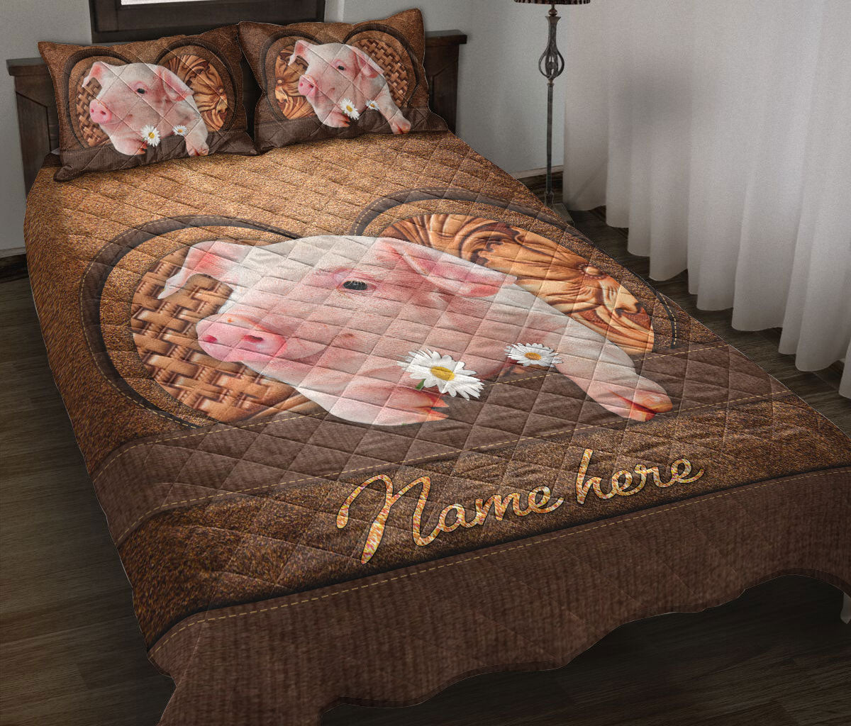 Ohaprints-Quilt-Bed-Set-Pillowcase-Pig-White-Daisy-Flower-Farm-Animal-Lover-Farmer-Brown-Custom-Personalized-Name-Blanket-Bedspread-Bedding-1324-Throw (55'' x 60'')