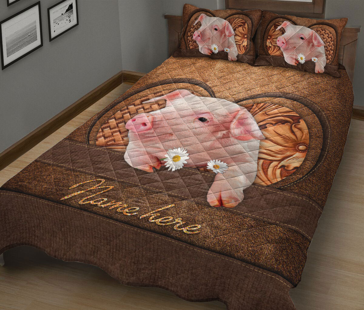 Ohaprints-Quilt-Bed-Set-Pillowcase-Pig-White-Daisy-Flower-Farm-Animal-Lover-Farmer-Brown-Custom-Personalized-Name-Blanket-Bedspread-Bedding-1324-King (90'' x 100'')