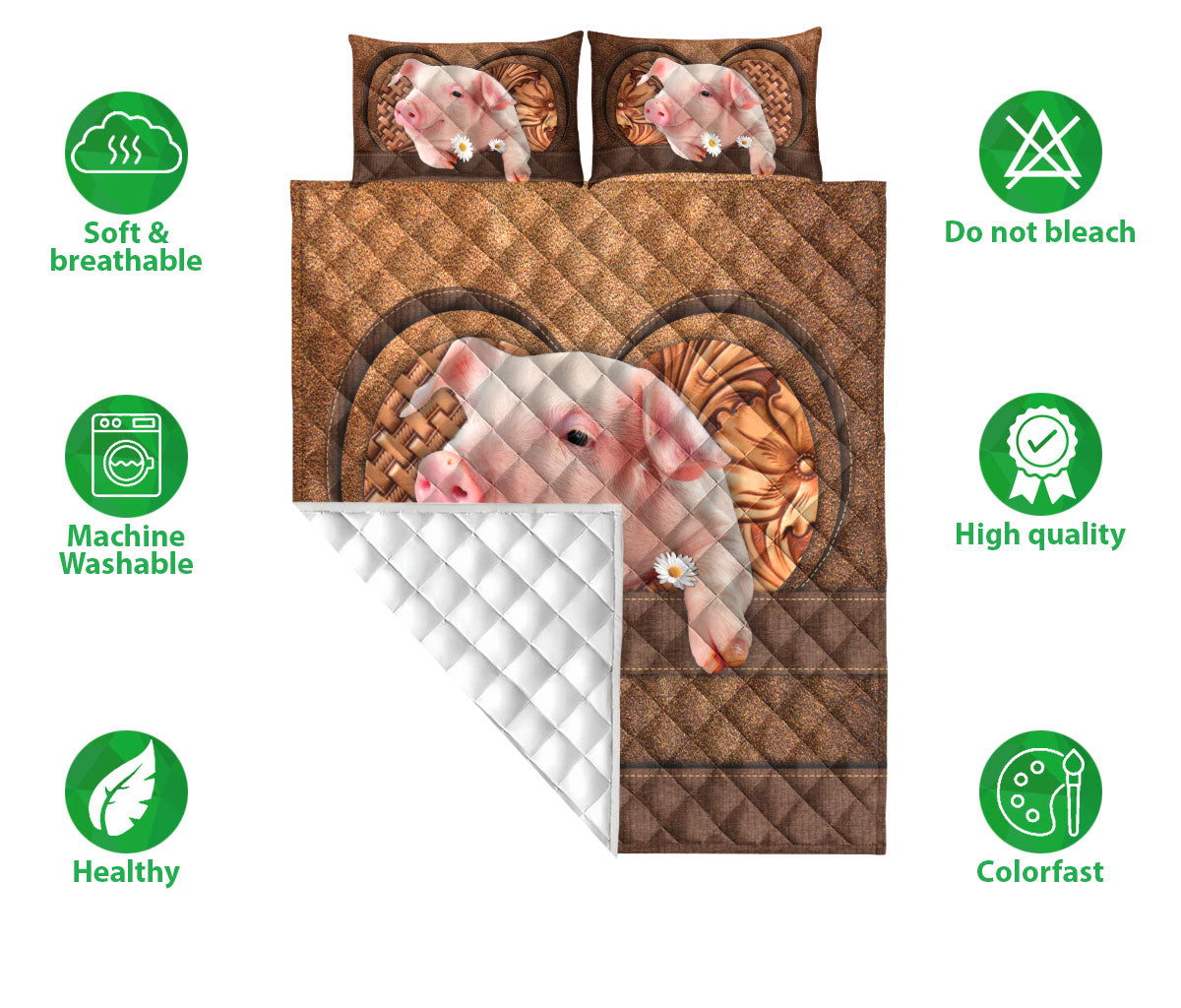 Ohaprints-Quilt-Bed-Set-Pillowcase-Little-Pig-White-Daisy-Flower-Farm-Animal-Lover-Farmer-Vintage-Brown-Blanket-Bedspread-Bedding-1844-Double (70'' x 80'')