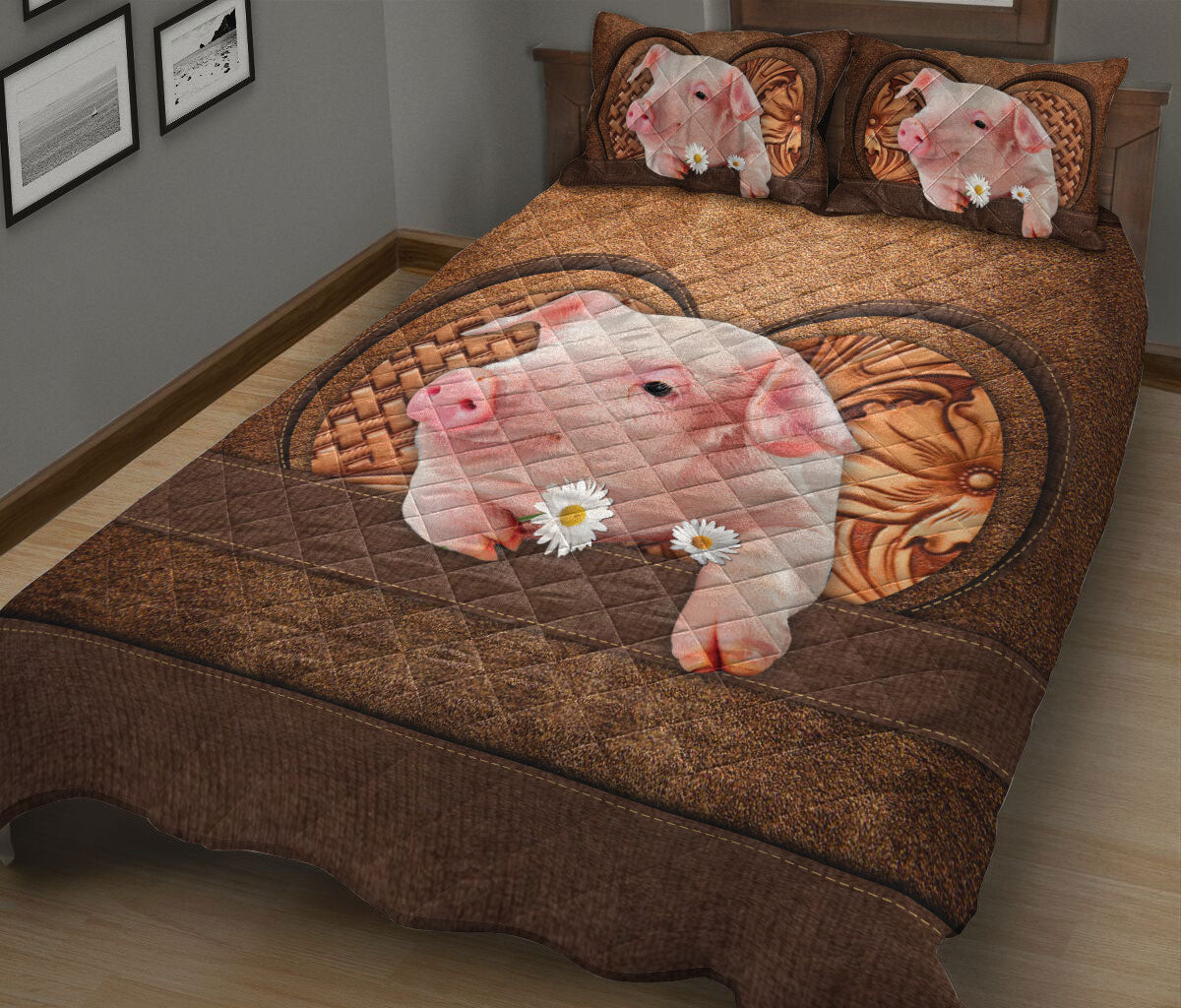 Ohaprints-Quilt-Bed-Set-Pillowcase-Little-Pig-White-Daisy-Flower-Farm-Animal-Lover-Farmer-Vintage-Brown-Blanket-Bedspread-Bedding-1844-King (90'' x 100'')