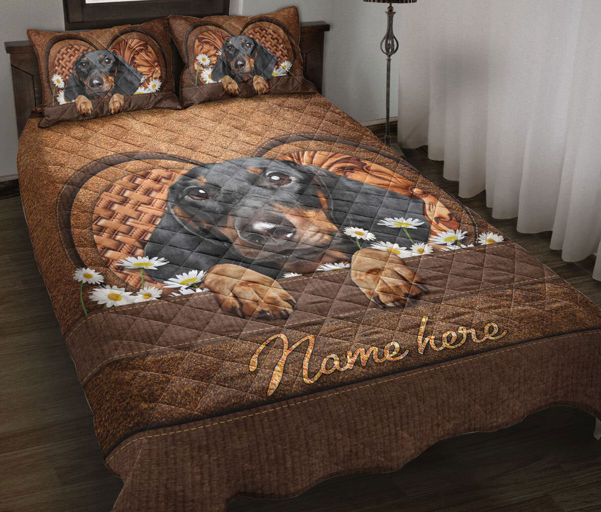 Ohaprints-Quilt-Bed-Set-Pillowcase-Black-Dachshund-Flower-Animal-Pet-Dog-Lover-Brown-Custom-Personalized-Name-Blanket-Bedspread-Bedding-809-Throw (55'' x 60'')