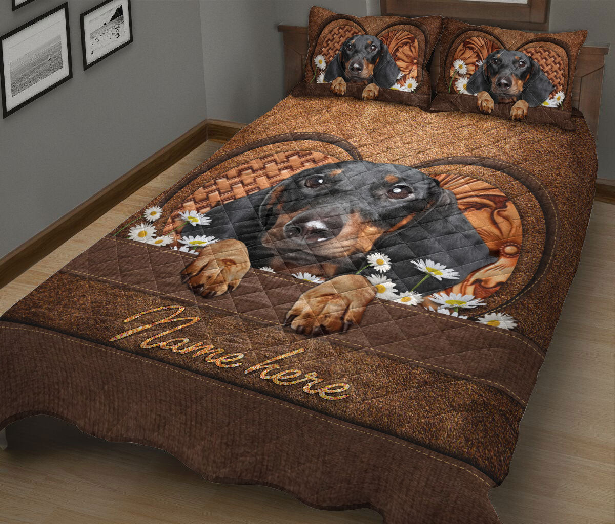 Ohaprints-Quilt-Bed-Set-Pillowcase-Black-Dachshund-Flower-Animal-Pet-Dog-Lover-Brown-Custom-Personalized-Name-Blanket-Bedspread-Bedding-809-King (90'' x 100'')