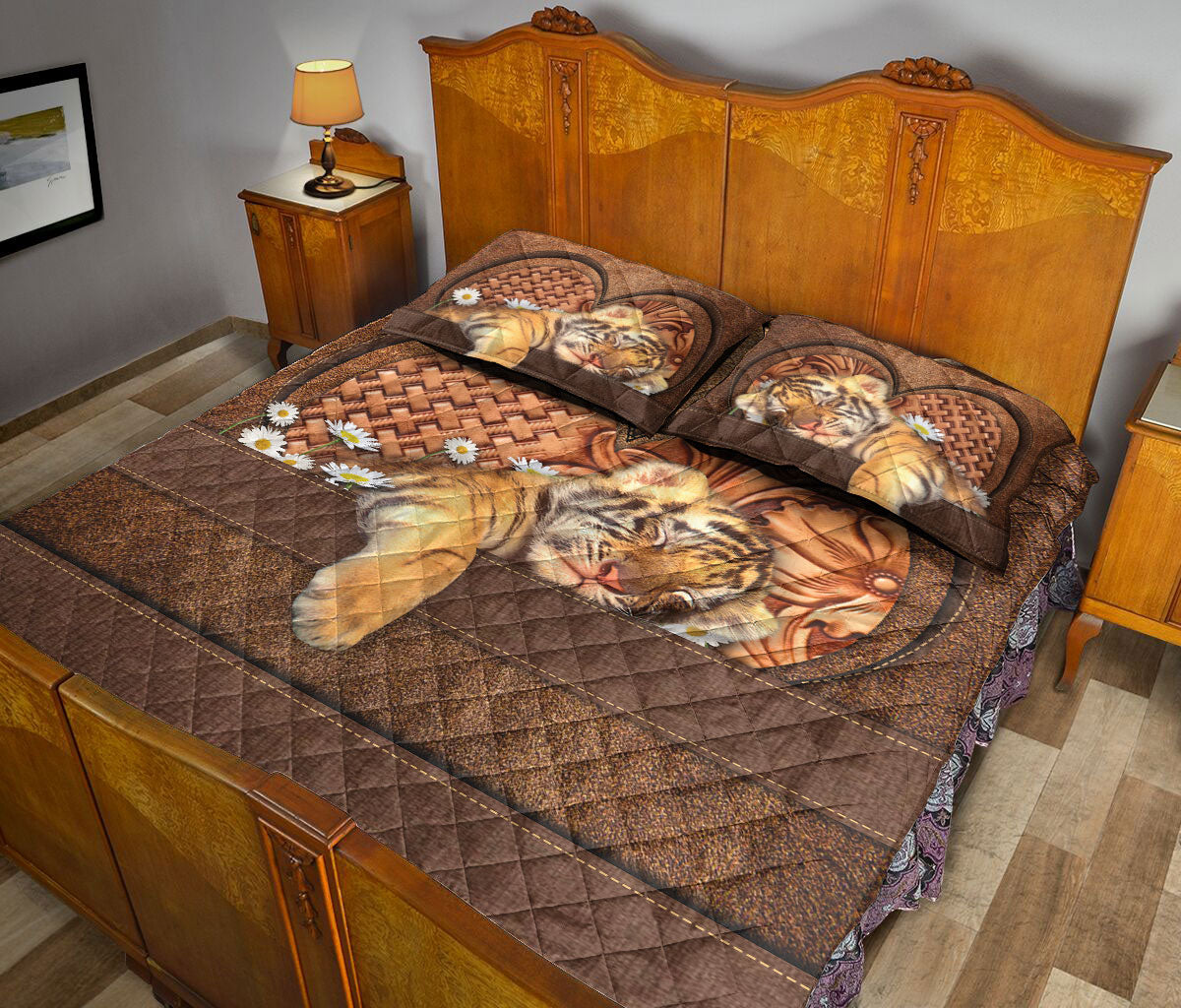 Ohaprints-Quilt-Bed-Set-Pillowcase-Baby-Tiger-Flower-Wild-Animal-Lover-Vintage-Brown-Blanket-Bedspread-Bedding-1389-Queen (80'' x 90'')