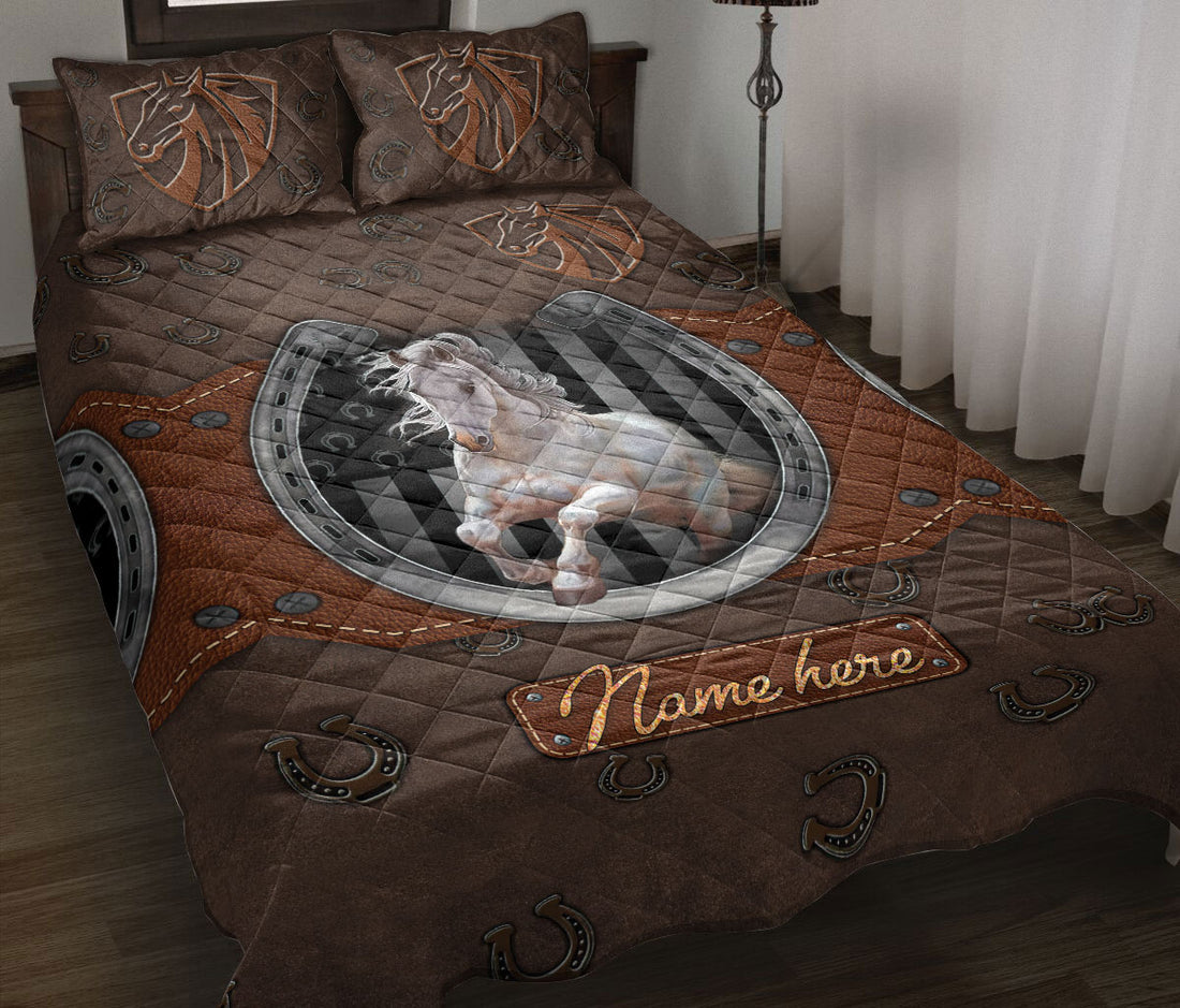 Ohaprints-Quilt-Bed-Set-Pillowcase-White-Horse-Horseshoe-Cowboy-Cowgirl-Farm-Animal-Custom-Personalized-Name-Blanket-Bedspread-Bedding-2486-Throw (55'' x 60'')