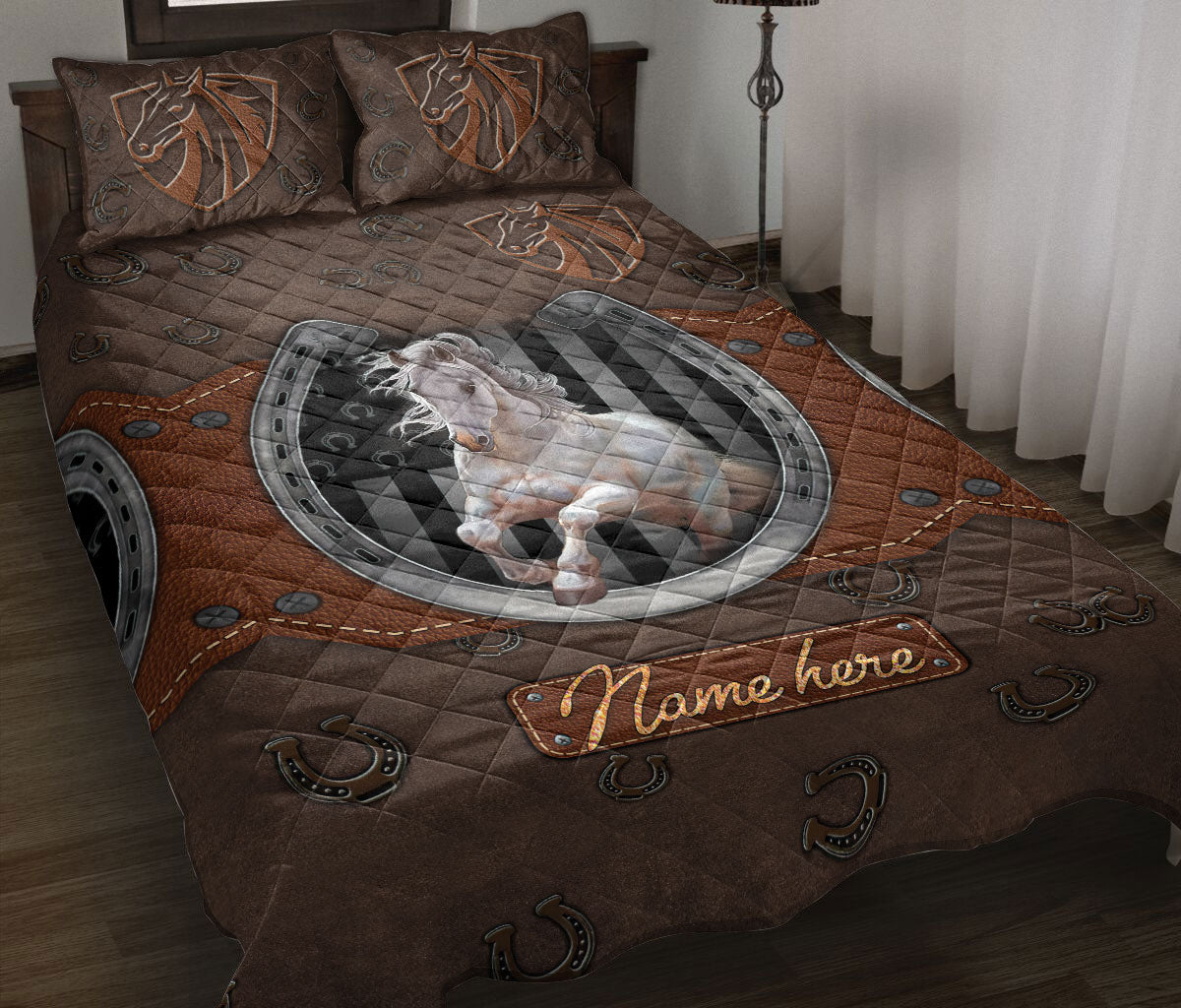 Ohaprints-Quilt-Bed-Set-Pillowcase-White-Horse-Horseshoe-Cowboy-Cowgirl-Farm-Animal-Custom-Personalized-Name-Blanket-Bedspread-Bedding-2486-Throw (55'' x 60'')