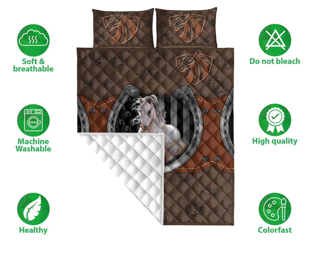 Ohaprints-Quilt-Bed-Set-Pillowcase-White-Horse-Horseshoe-Cowboy-Cowgirl-Farm-Animal-Vintage-Brown-Blanket-Bedspread-Bedding-2492-Double (70'' x 80'')