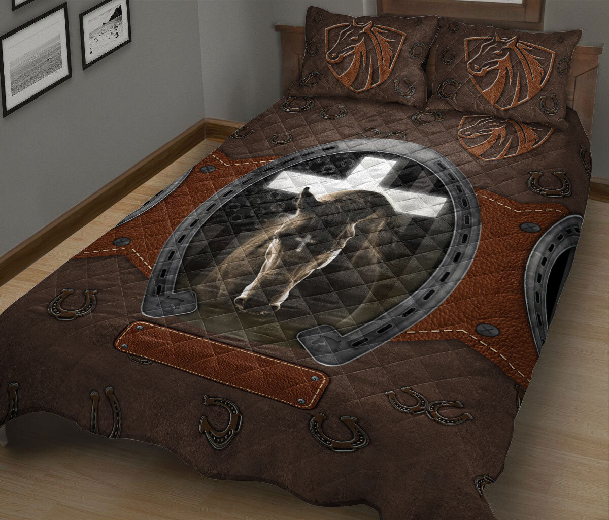 Ohaprints-Quilt-Bed-Set-Pillowcase-Horse-Horseshoe-Jesus-Cross-Cowboy-Cow-Girl-Farm-Animal-Vintage-Brown-Blanket-Bedspread-Bedding-2849-King (90'' x 100'')