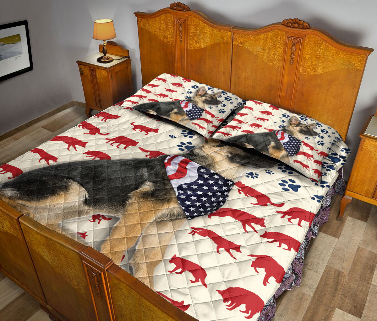 Ohaprints-Quilt-Bed-Set-Pillowcase-American-Us-Flag-Patriotic-Germen-Shepherd-Pet-Dog-Custom-Personalized-Name-Blanket-Bedspread-Bedding-1391-Queen (80'' x 90'')