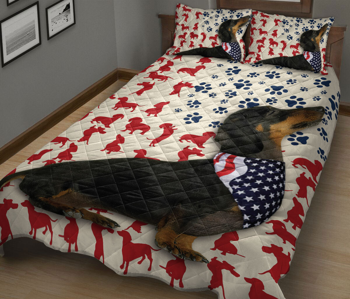 Ohaprints-Quilt-Bed-Set-Pillowcase-American-Us-Flag-Patriotic-Black-Dachshund-Animal-Pet-Dog-Lover-Blanket-Bedspread-Bedding-2571-King (90'' x 100'')