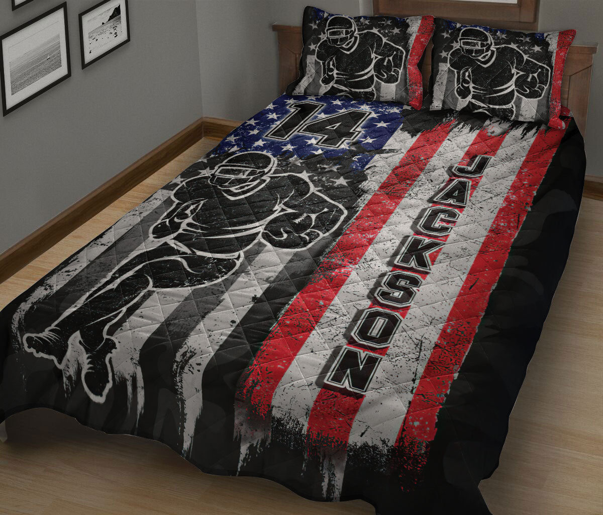 Ohaprints-Quilt-Bed-Set-Pillowcase-Football-Old-Flag-Usa-American-Fullblack-Custom-Personalized-Name-Number-Blanket-Bedspread-Bedding-326-King (90'' x 100'')