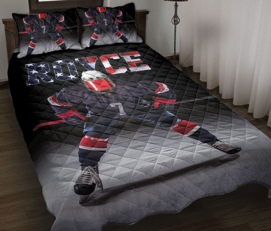 Ohaprints-Quilt-Bed-Set-Pillowcase-America-Us-Flag-Hockey-Player-Lover-Gift-Black-Custom-Personalized-Name-Number-Blanket-Bedspread-Bedding-2664-Throw (55'' x 60'')