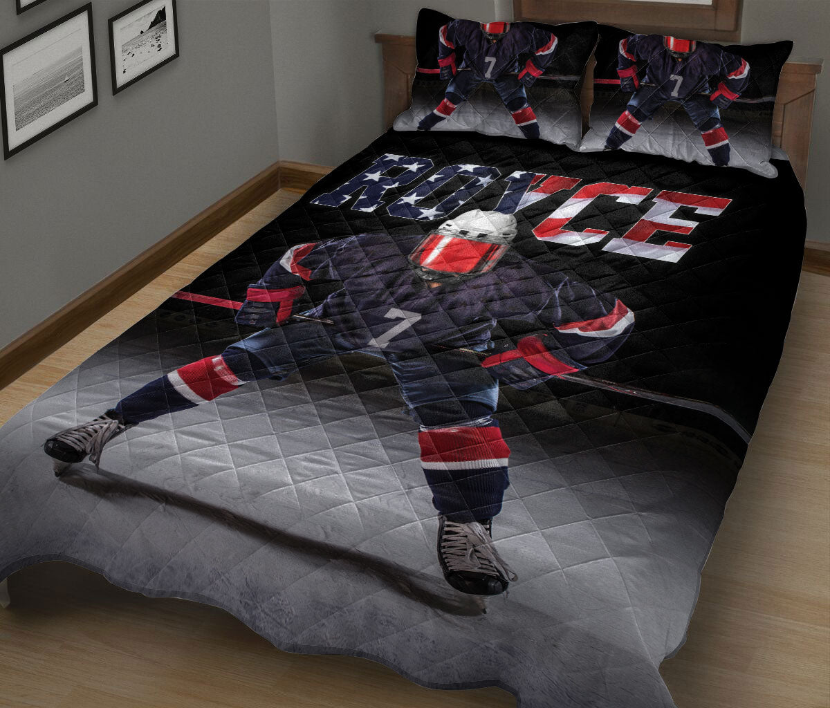 Ohaprints-Quilt-Bed-Set-Pillowcase-America-Us-Flag-Hockey-Player-Lover-Gift-Black-Custom-Personalized-Name-Number-Blanket-Bedspread-Bedding-2664-King (90'' x 100'')