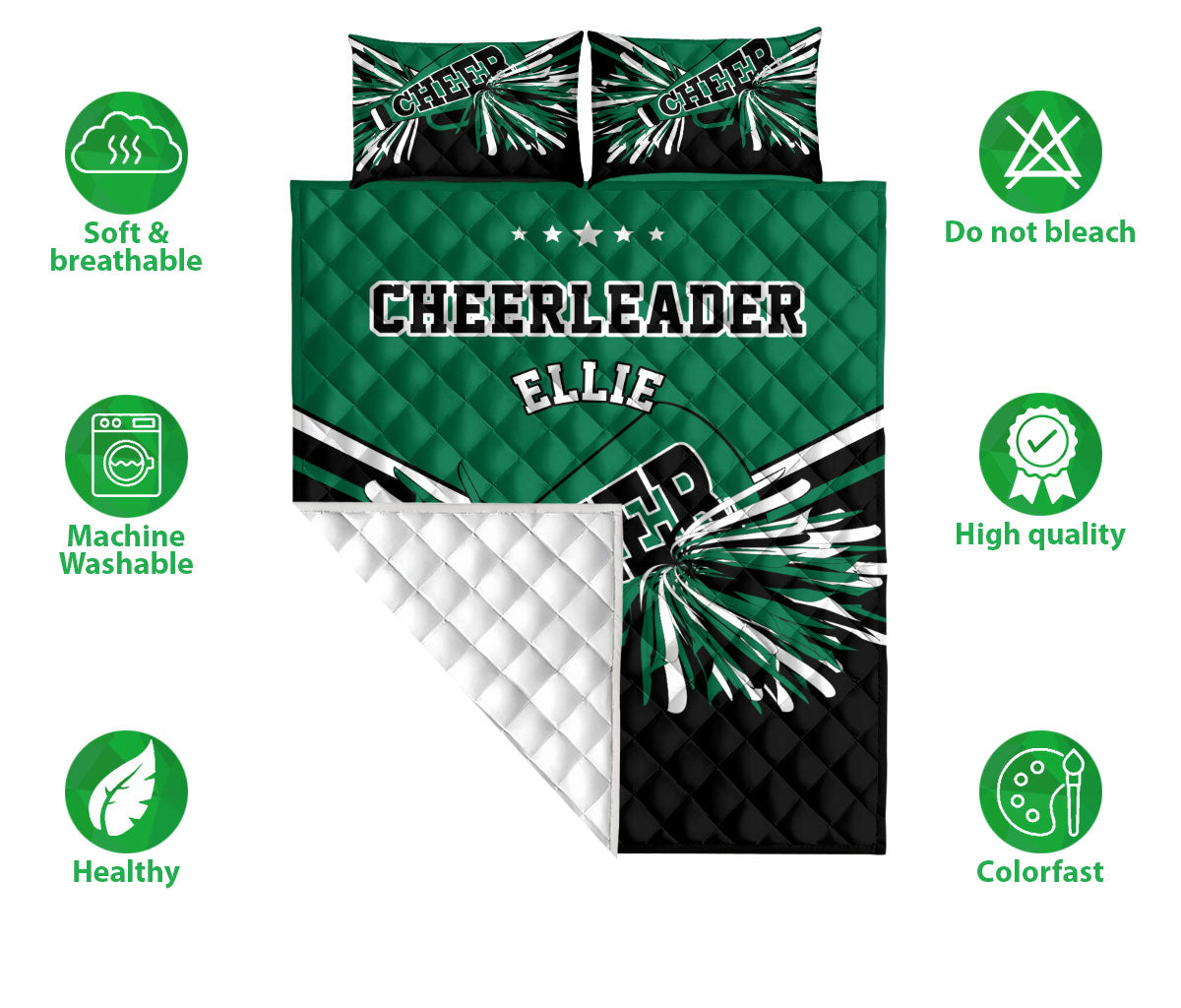 Ohaprints-Quilt-Bed-Set-Pillowcase-Cheerleading-Cheerleader-Green-Gift-For-Her-Custom-Personalized-Name-Blanket-Bedspread-Bedding-2071-Double (70'' x 80'')