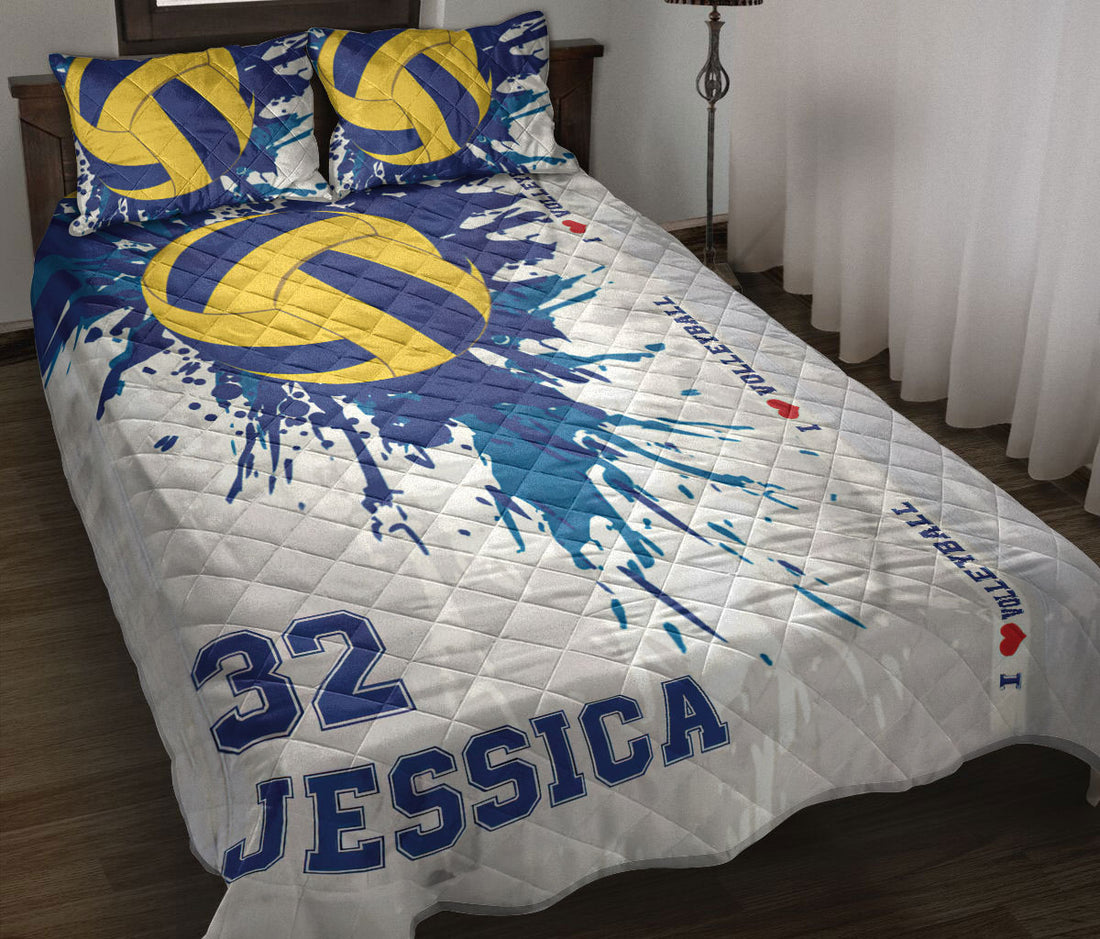 Ohaprints-Quilt-Bed-Set-Pillowcase-Blue-White-Watercolor-I-Love-Volleyball-Custom-Personalized-Name-Number-Blanket-Bedspread-Bedding-1487-Throw (55'' x 60'')
