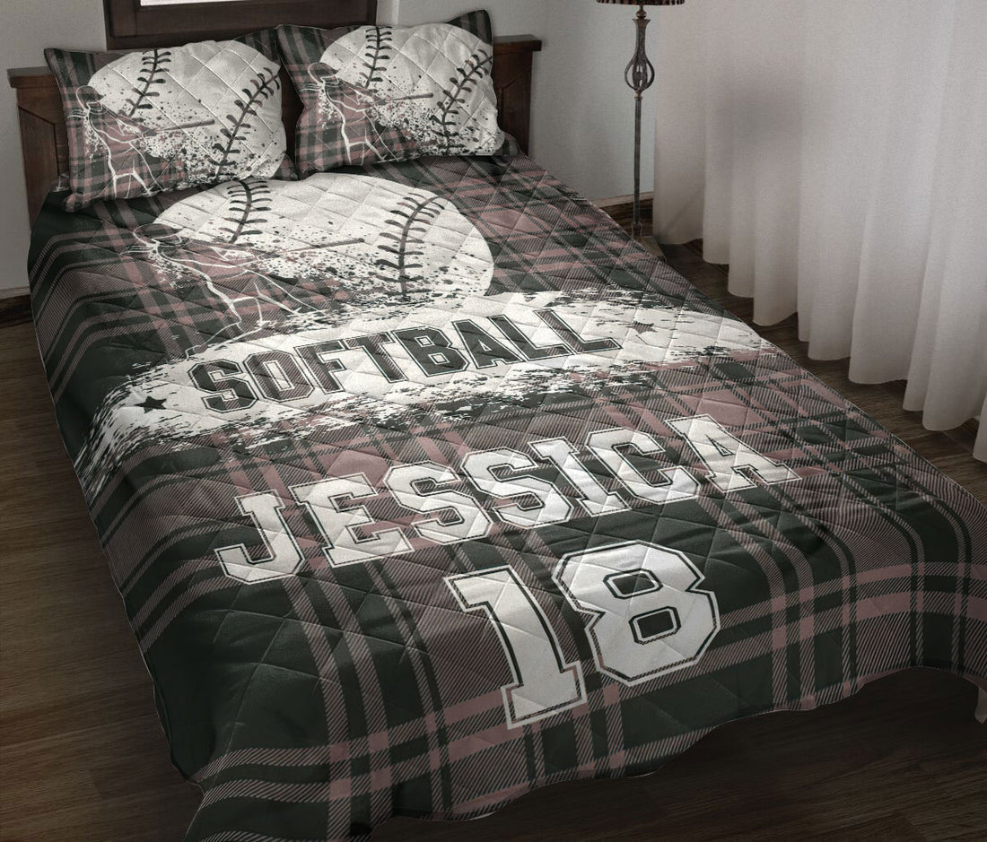 Ohaprints-Quilt-Bed-Set-Pillowcase-Softball-Grey-Plaid-Player-Gift-For-Fan-Lovers-Custom-Personalized-Name-Number-Blanket-Bedspread-Bedding-2667-Throw (55'' x 60'')