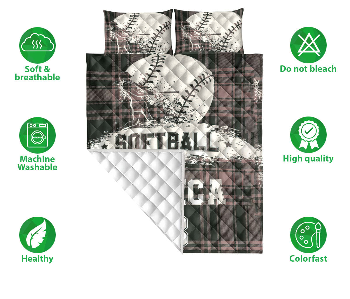 Ohaprints-Quilt-Bed-Set-Pillowcase-Softball-Grey-Plaid-Player-Gift-For-Fan-Lovers-Custom-Personalized-Name-Number-Blanket-Bedspread-Bedding-2667-Double (70'' x 80'')