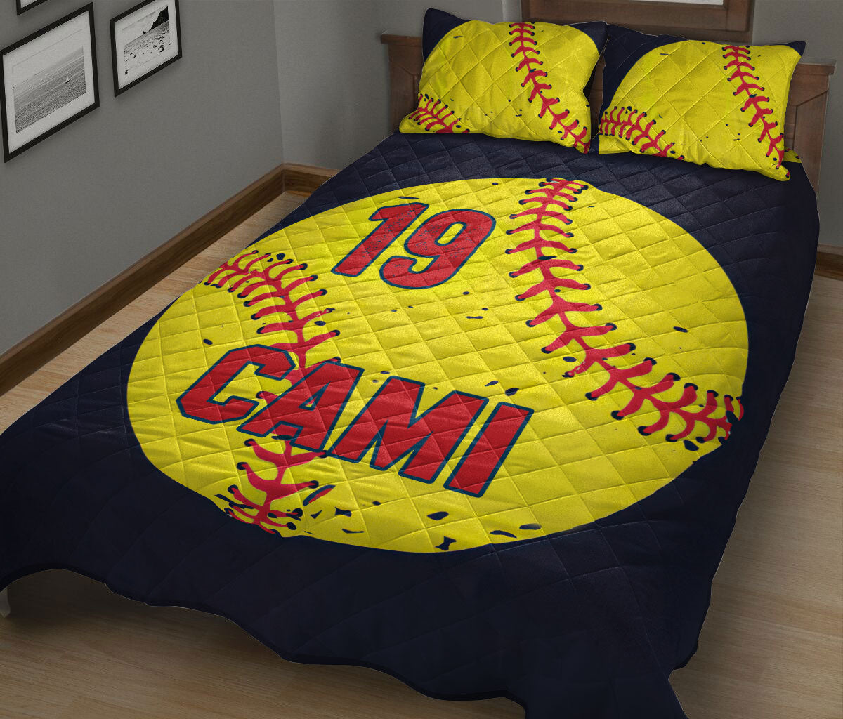 Ohaprints-Quilt-Bed-Set-Pillowcase-Softball-Black-Yellow-Ball-Gift-For-Fan-Lovers-Custom-Personalized-Name-Number-Blanket-Bedspread-Bedding-316-King (90'' x 100'')