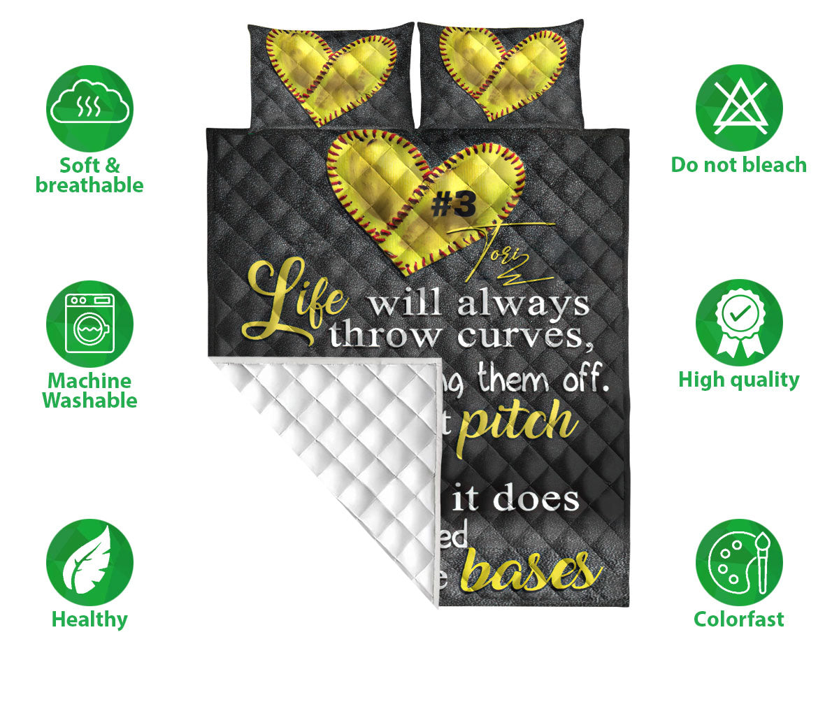 Ohaprints-Quilt-Bed-Set-Pillowcase-Softball-Yellow-Heart-Life-Pitch-Bases-Custom-Personalized-Name-Number-Blanket-Bedspread-Bedding-1488-Double (70'' x 80'')