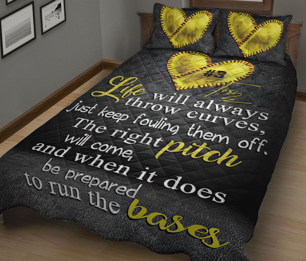 Ohaprints-Quilt-Bed-Set-Pillowcase-Softball-Yellow-Heart-Life-Pitch-Bases-Custom-Personalized-Name-Number-Blanket-Bedspread-Bedding-1488-King (90'' x 100'')