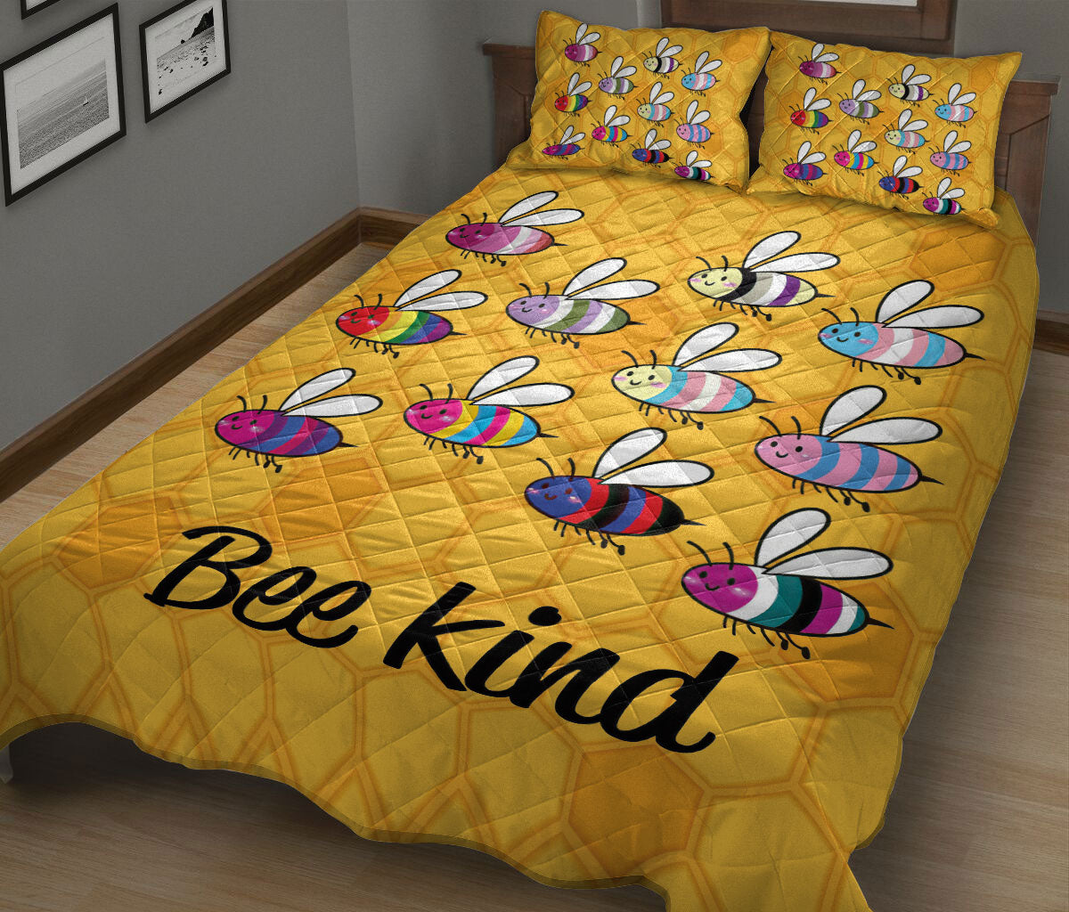 Ohaprints-Quilt-Bed-Set-Pillowcase-Lgbt-Lgbtq-Pride-Bee-Kind-Honeycomb-Pattern-Yellow-Support-Gift-Idea-Blanket-Bedspread-Bedding-913-King (90'' x 100'')