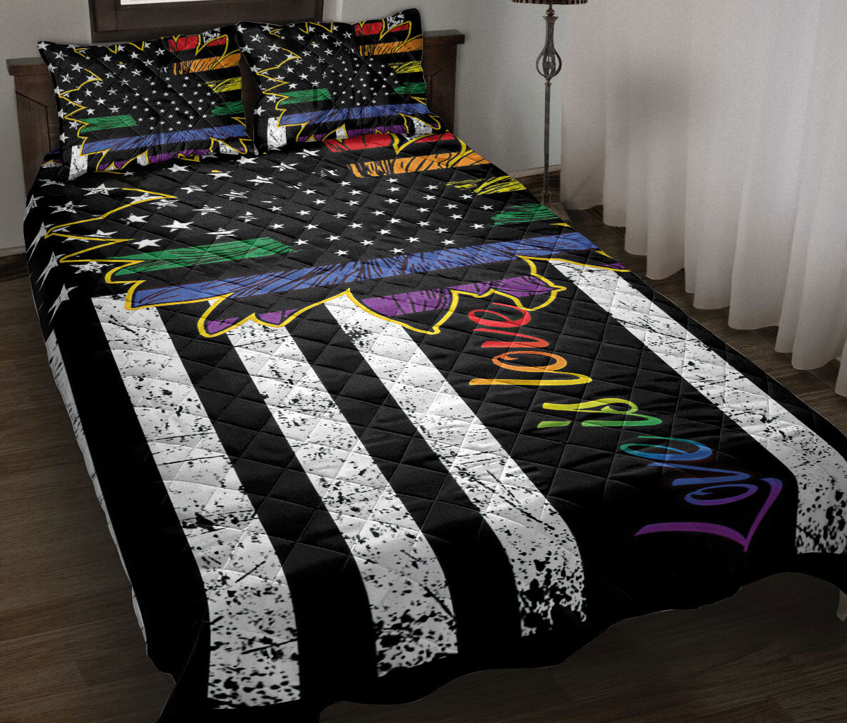 Ohaprints-Quilt-Bed-Set-Pillowcase-Rainbow-Black-White-Sunflower-Love-Is-Love-Lgbt-Pride-Lgbtq-Blanket-Bedspread-Bedding-914-Throw (55'' x 60'')