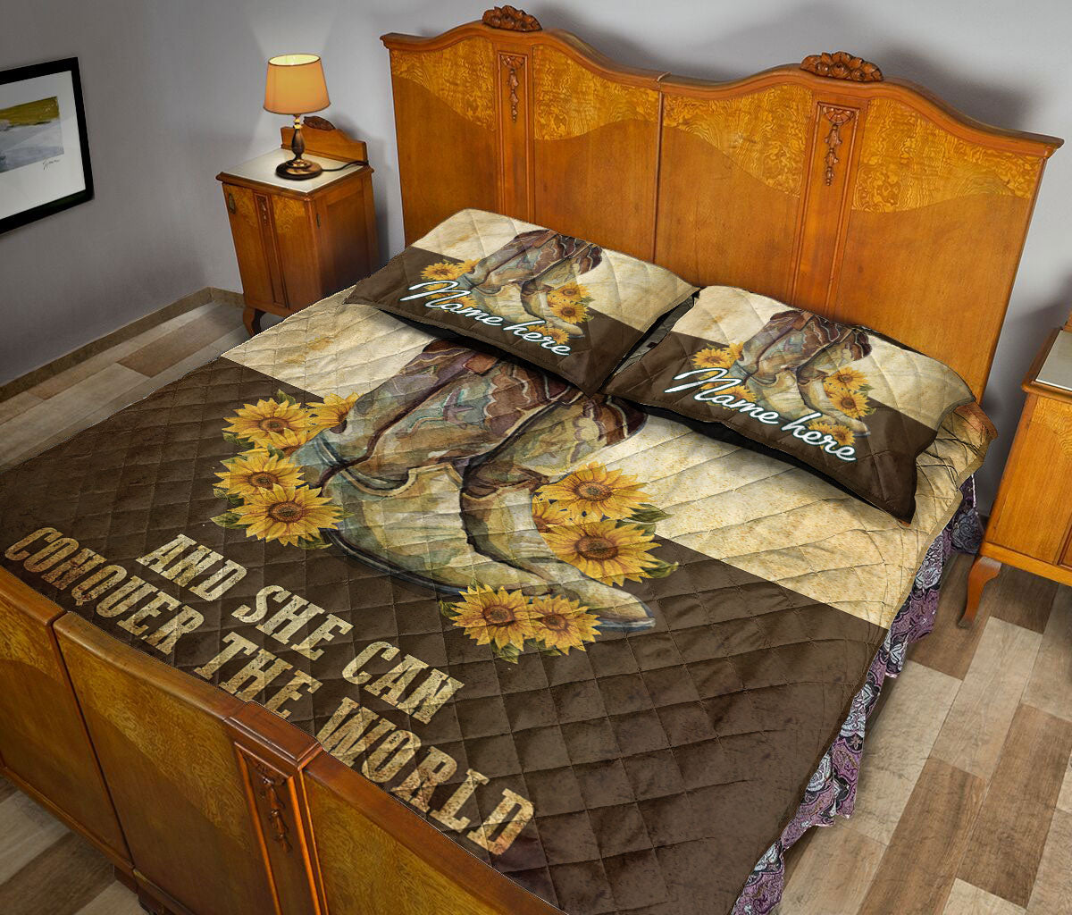 Ohaprints-Quilt-Bed-Set-Pillowcase-Vintage-Yellow-Brown-Cowgirl-Boost-Sunflower-Horse-Custom-Personalized-Name-Blanket-Bedspread-Bedding-826-Queen (80'' x 90'')